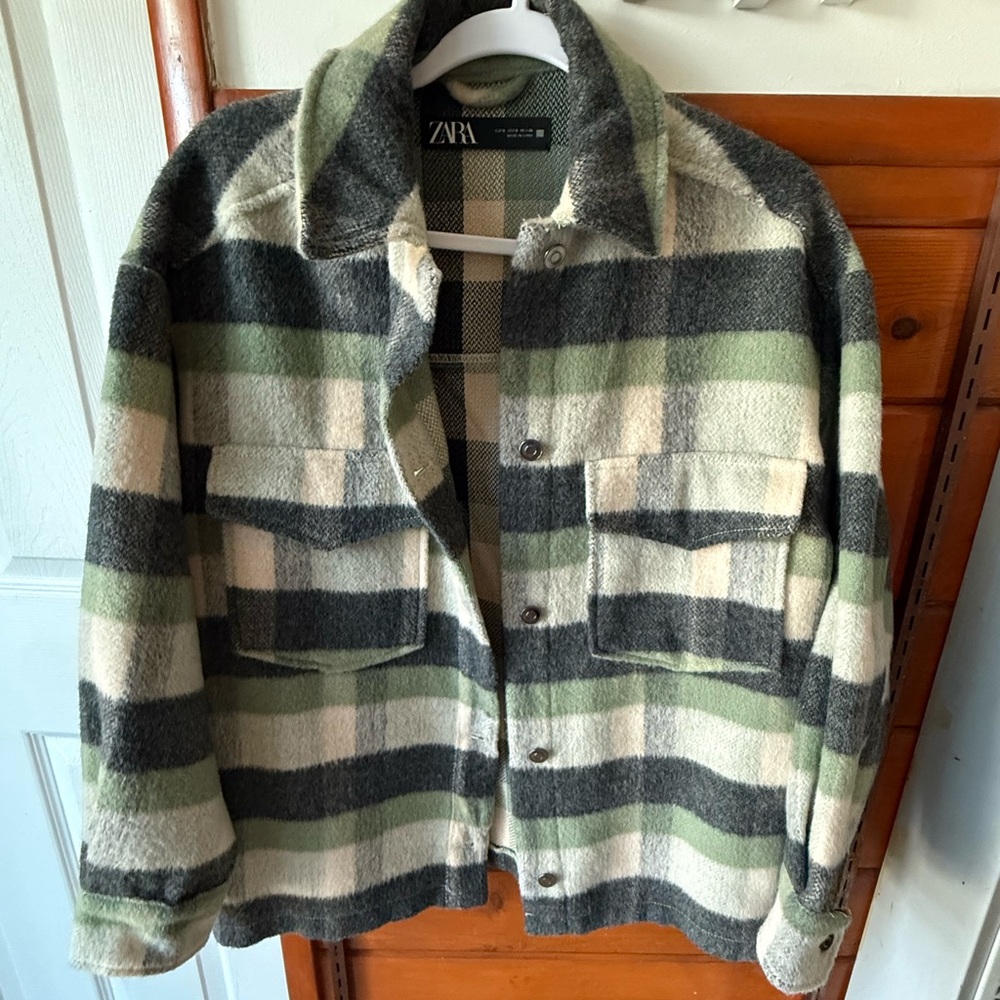 Zara Green and Gray Plaid Button-up Jacket | SZ S